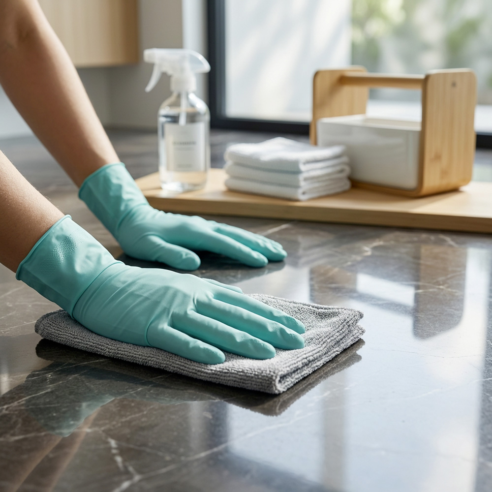 Professional deep cleaning in Maui with hands cleaning floor surface using microfiber cloth